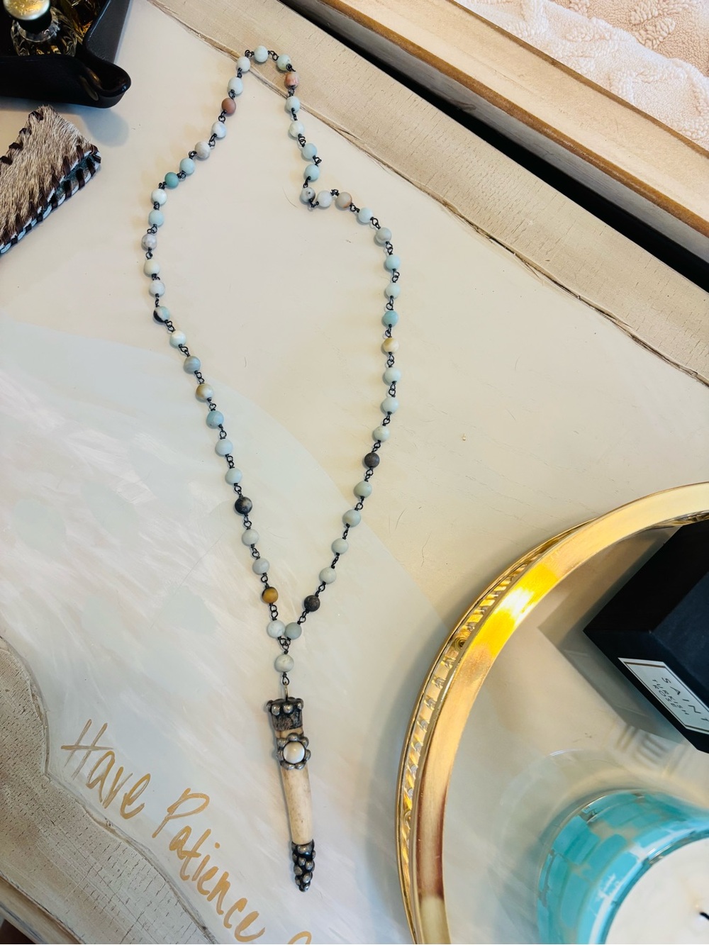 Boho Amazonite Beaded Rosary Chain Necklace Natural Horn Pendant Western"